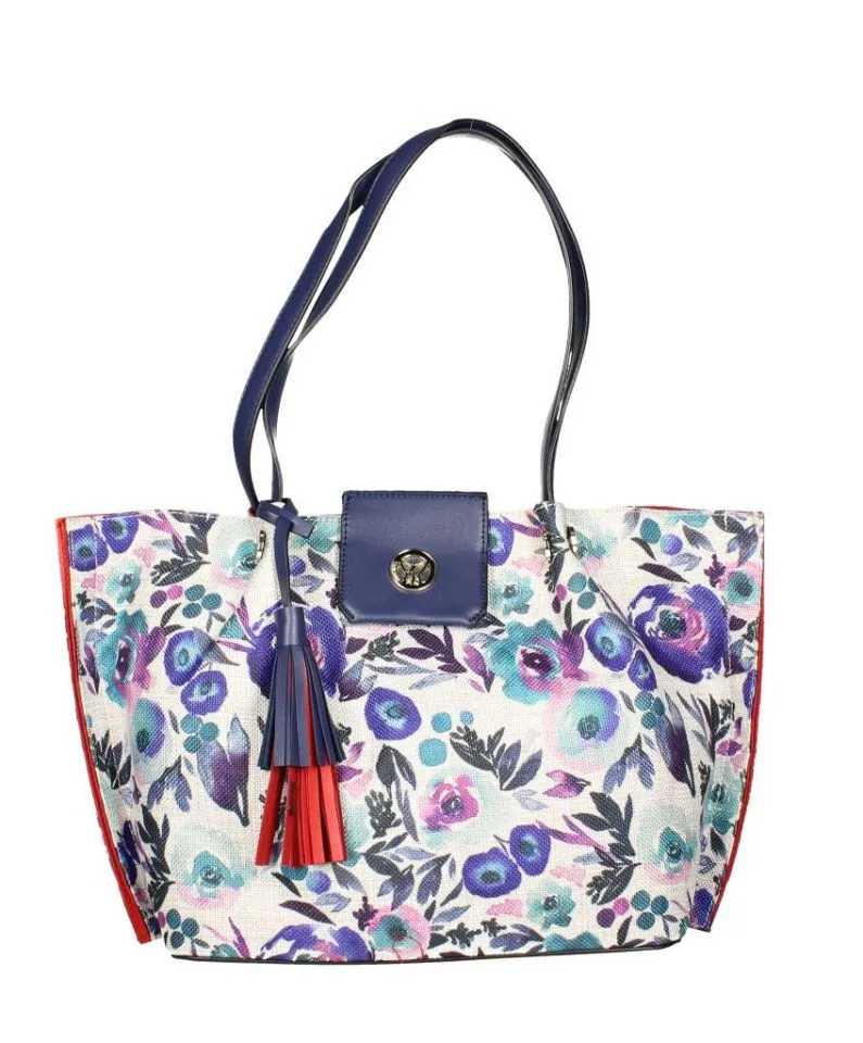 Bolso Textil Estampado Azul Floral Asas y Cierre Marino