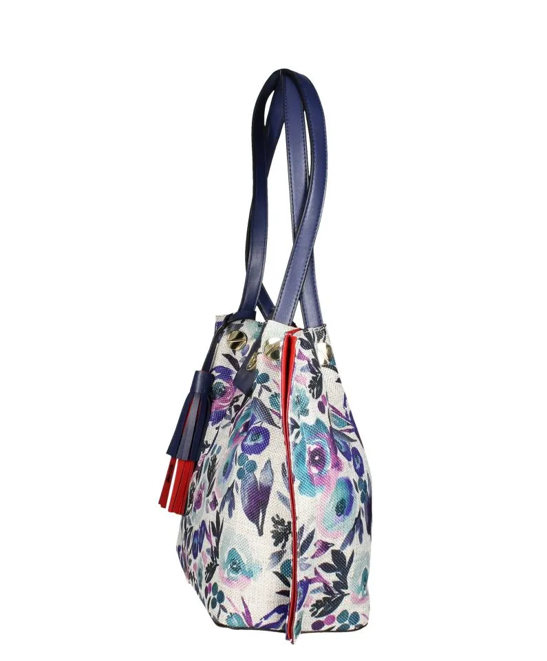 Bolso Textil Estampado Azul Floral Asas y Cierre Marino