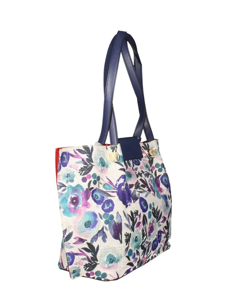 Bolso Textil Estampado Azul Floral Asas y Cierre Marino