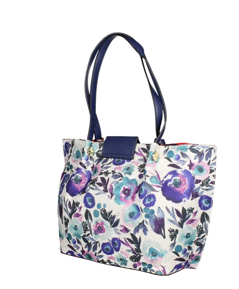 Bolso Textil Estampado Azul Floral Asas y Cierre Marino
