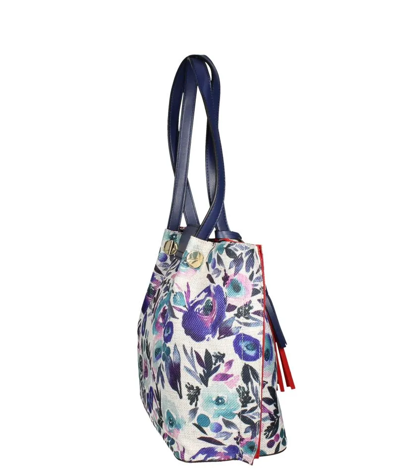 Bolso Textil Estampado Azul Floral Asas y Cierre Marino