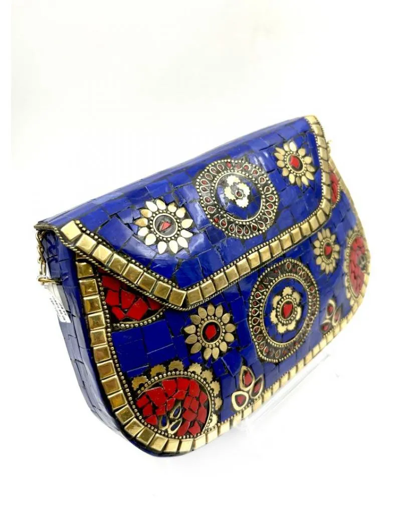 BOLSOS AZULES Y ROJOS EN LATON CON MOSAICO DE PIEDRAS