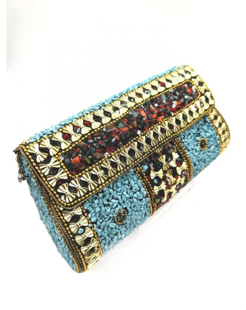 BOLSOS IBIZA AZUL TURQUESA CON PEDRERIA MULTICOLOR PARA BODAS