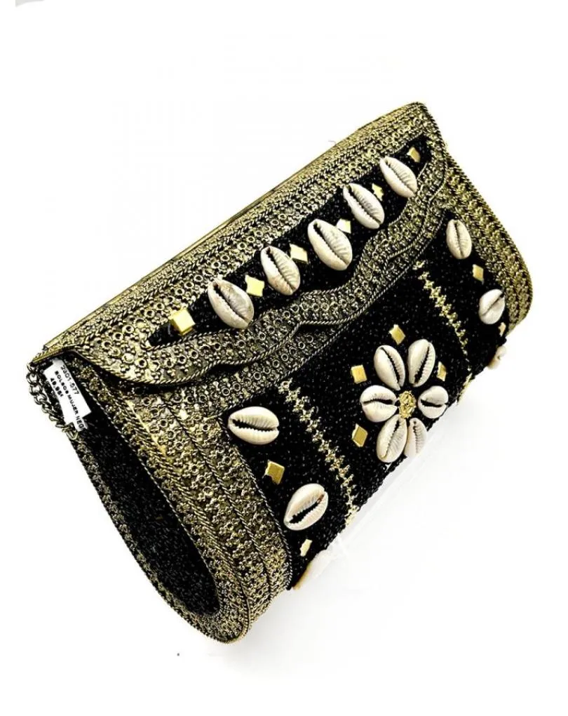 BOLSOS MUJER NEGROS PARA BODAS DE VERANO DECORADOS CON CONCHAS