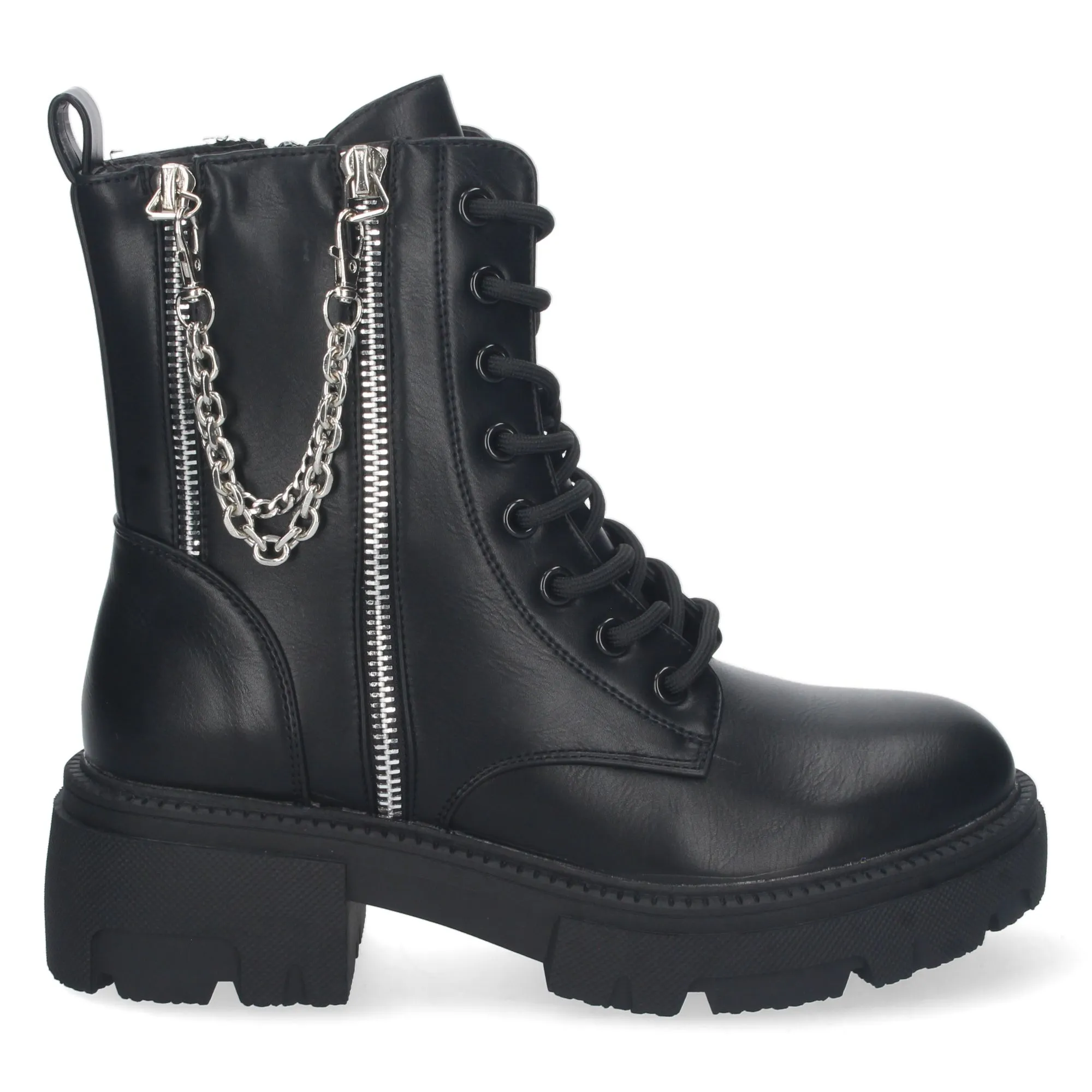 Botin militar negro con cordones y cremallera detalle cadena mujer