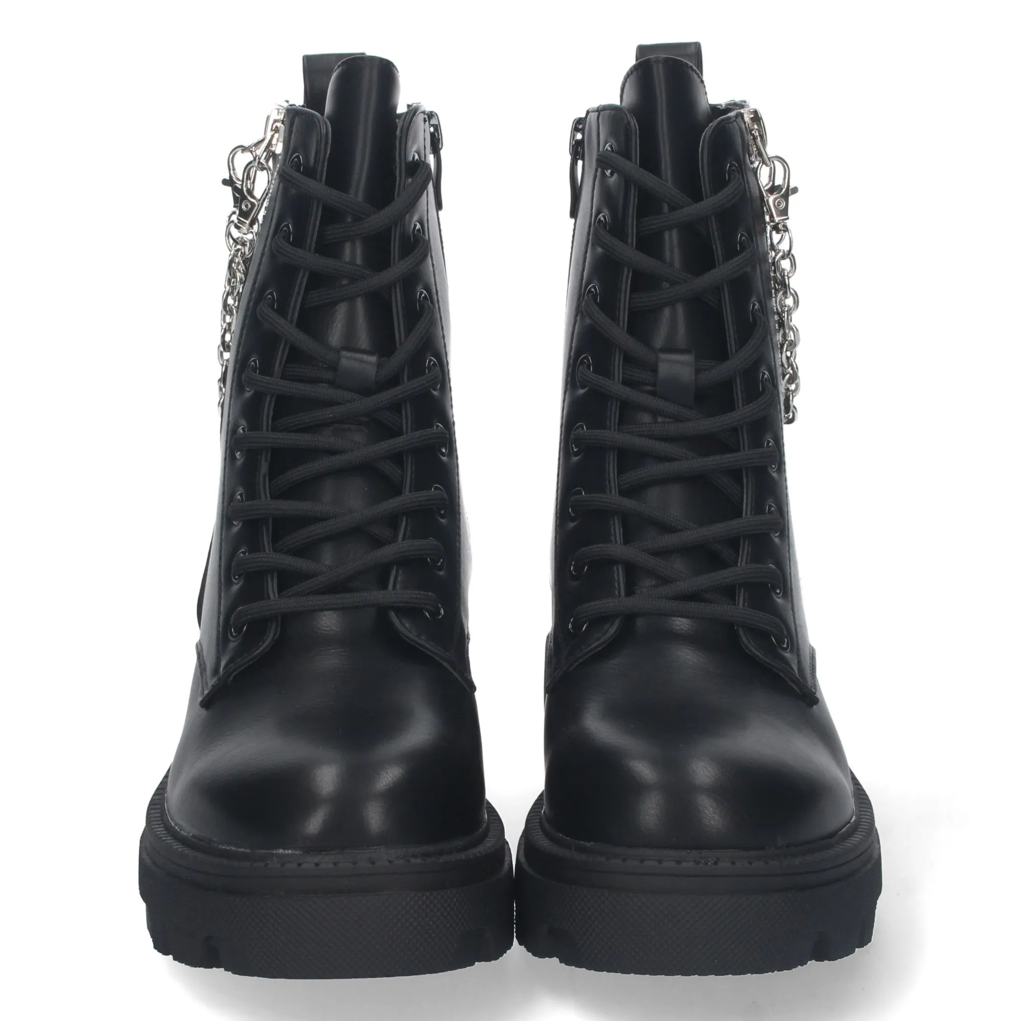 Botin militar negro con cordones y cremallera detalle cadena mujer