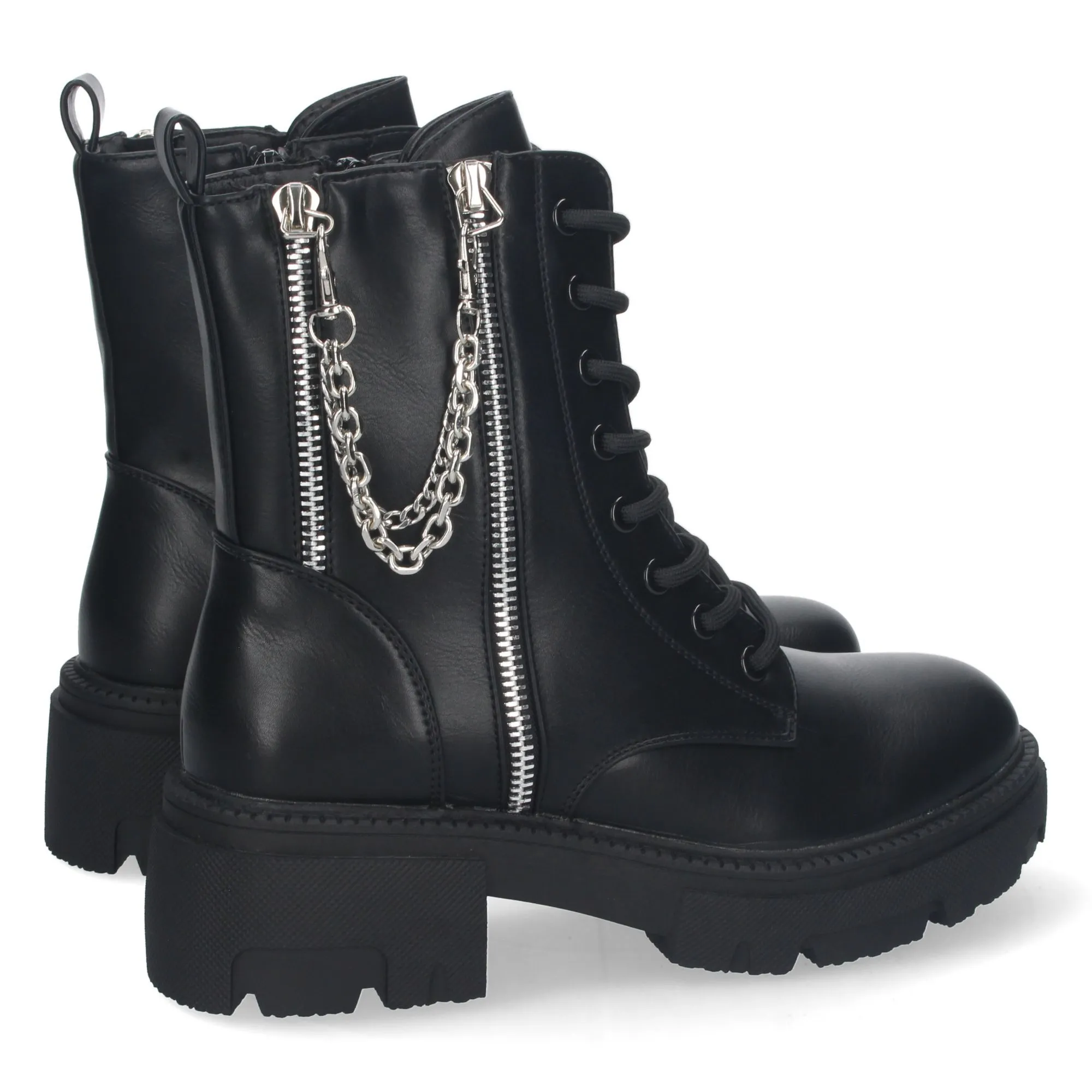 Botin militar negro con cordones y cremallera detalle cadena mujer