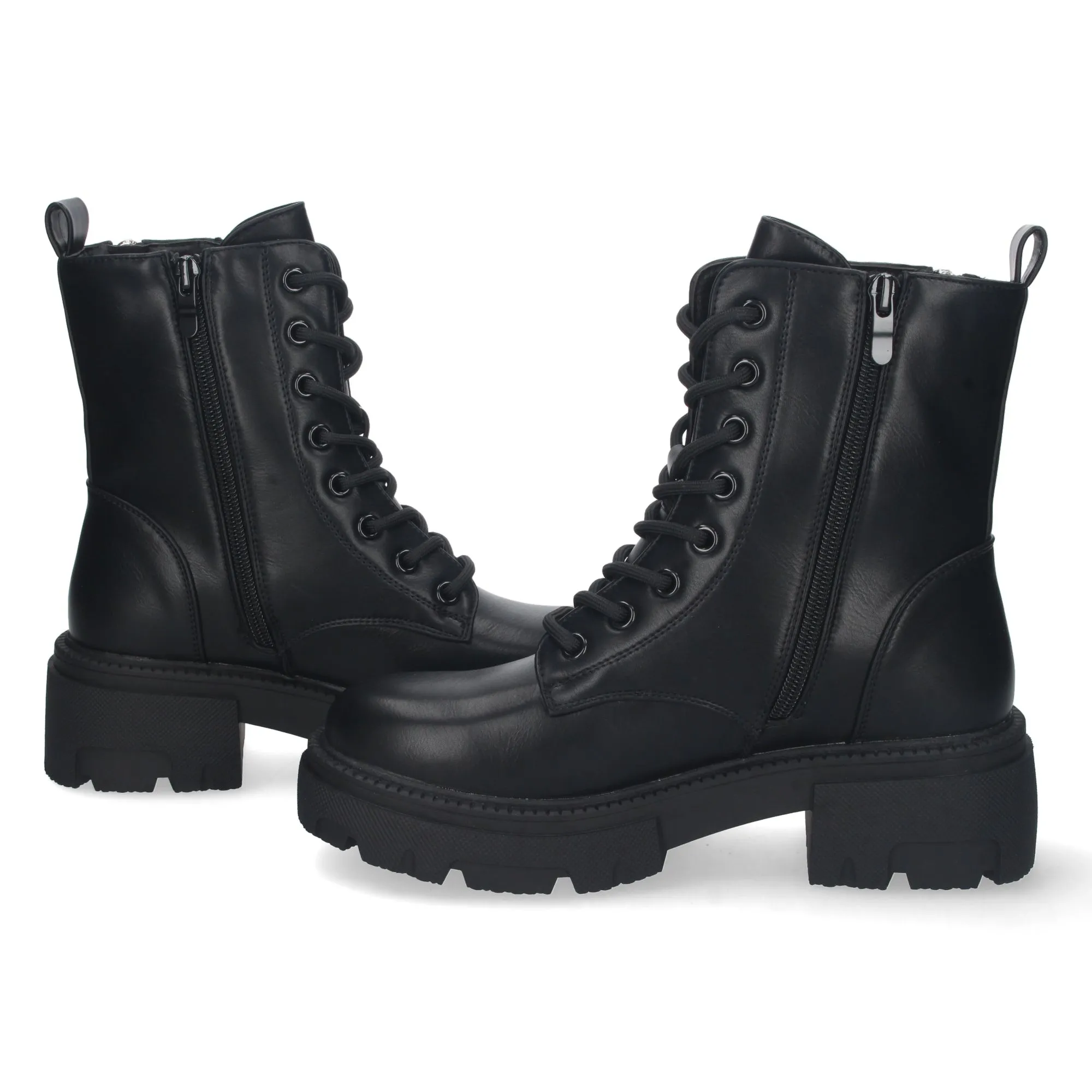 Botin militar negro con cordones y cremallera detalle cadena mujer