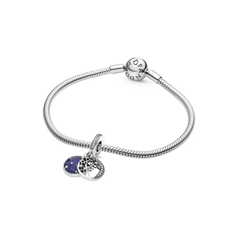 Charm colgante doble en plata de ley Arbol & Luna de la galaxia con esmalte azul