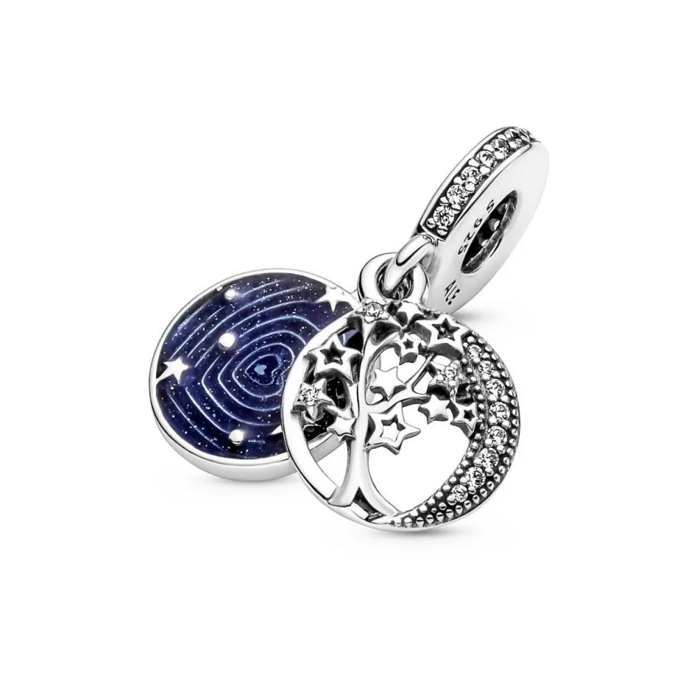 Charm colgante doble en plata de ley Arbol & Luna de la galaxia con esmalte azul