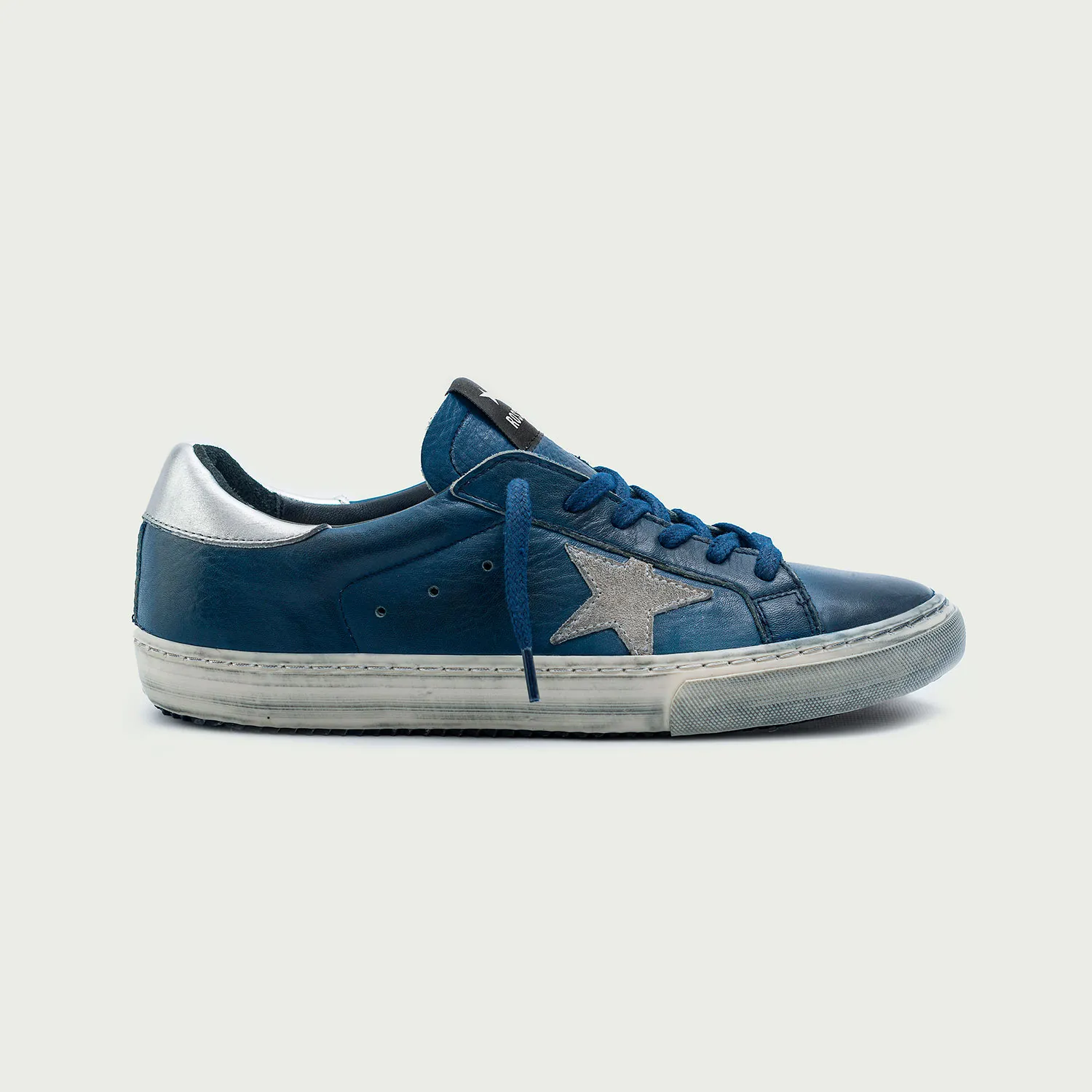 Code : 1045 Zapatilla de cuero vacuno Vegetal Azul, Estrella en cuero Aluminio, Plantilla de 17 mm, Banda Cosida y Suela de Cauc