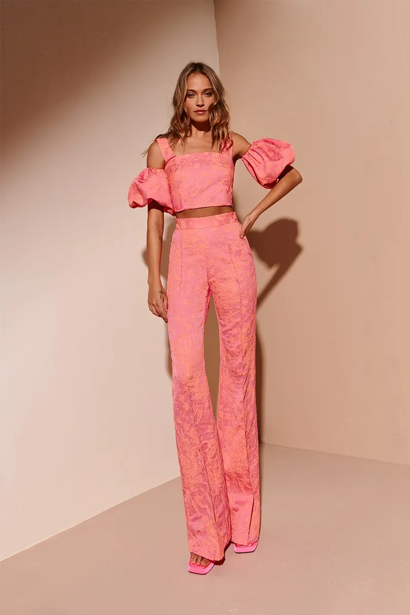 Conjunto top y pantalón palazzo jacquard rosa y naranja flúor Lily