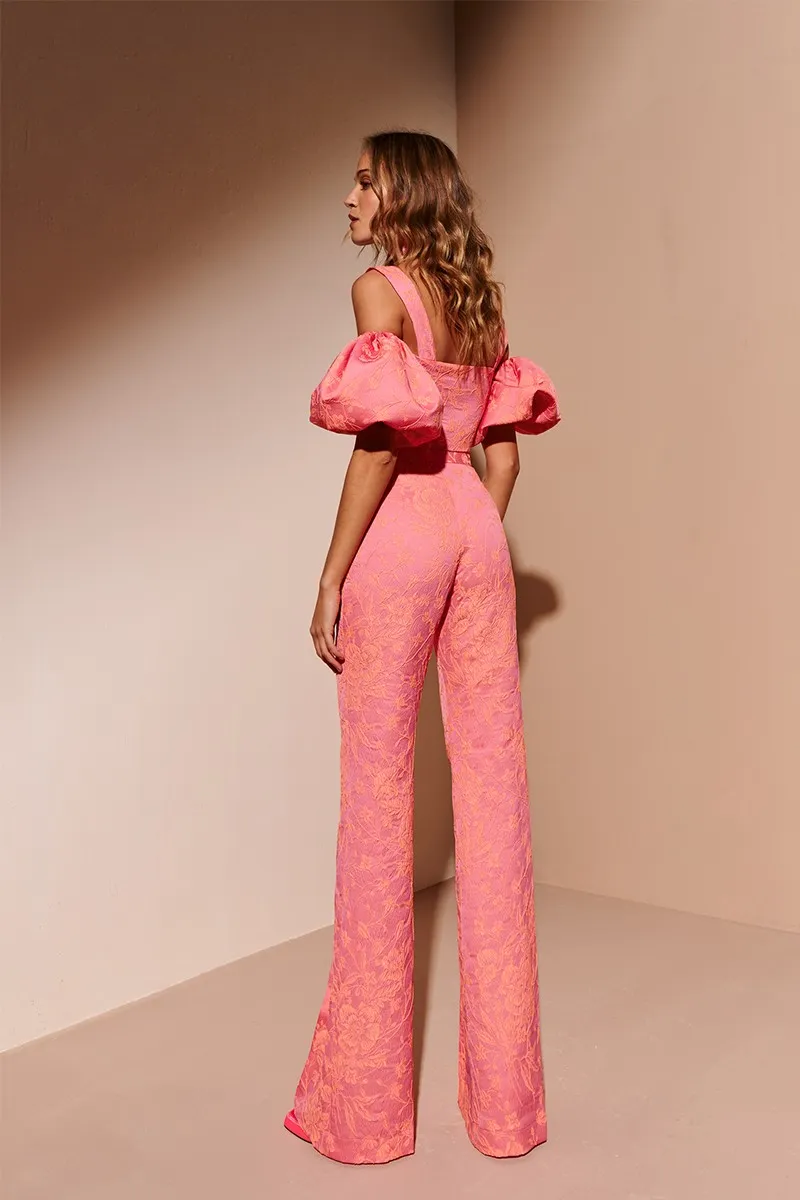 Conjunto top y pantalón palazzo jacquard rosa y naranja flúor Lily