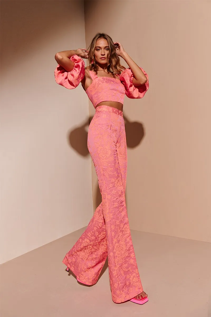 Conjunto top y pantalón palazzo jacquard rosa y naranja flúor Lily