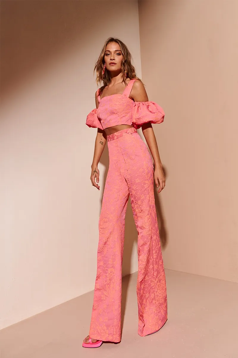 Conjunto top y pantalón palazzo jacquard rosa y naranja flúor Lily