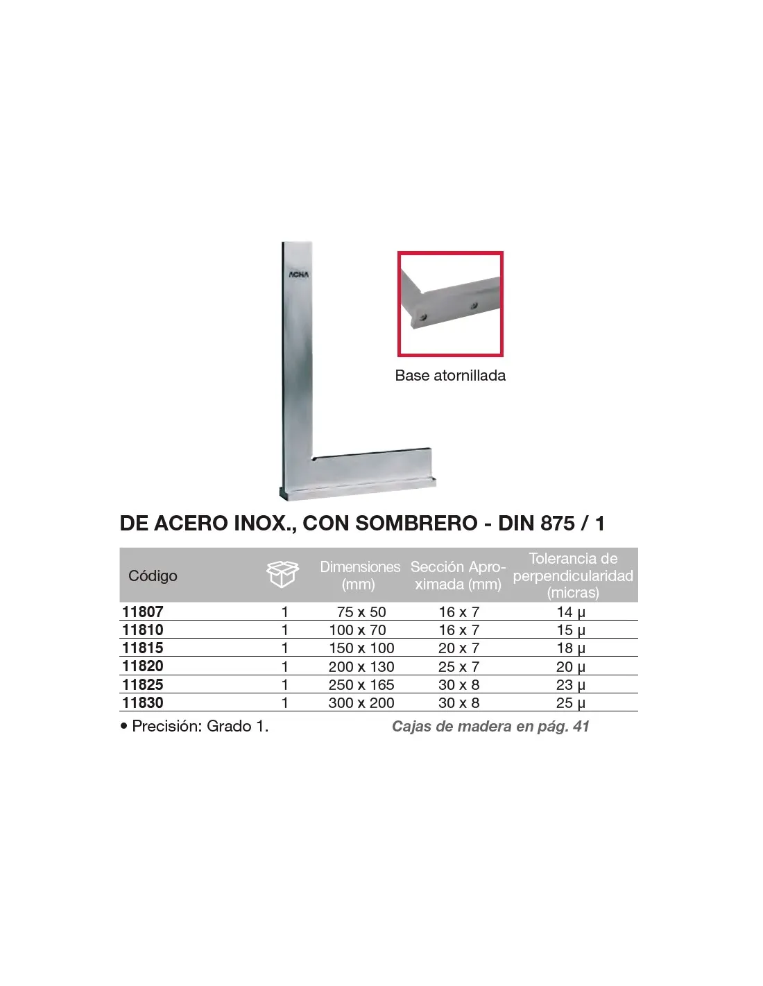 Escuadra DIN 875/1 de acero inox., con sombrero 300 x 200mm