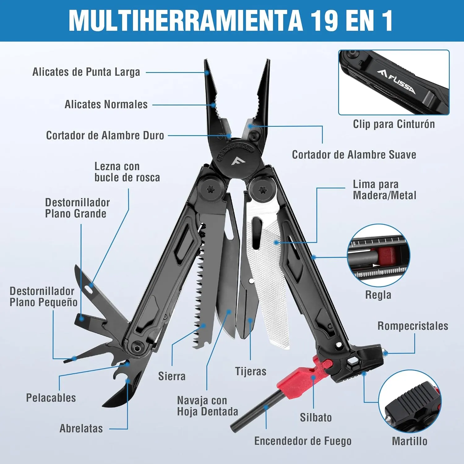 FLISSA Alicates Multiusos  19 en 1 Navaja Multiusos  Multiherramienta de Alicates  Herramienta Multiusos Negro  Accesorios para 