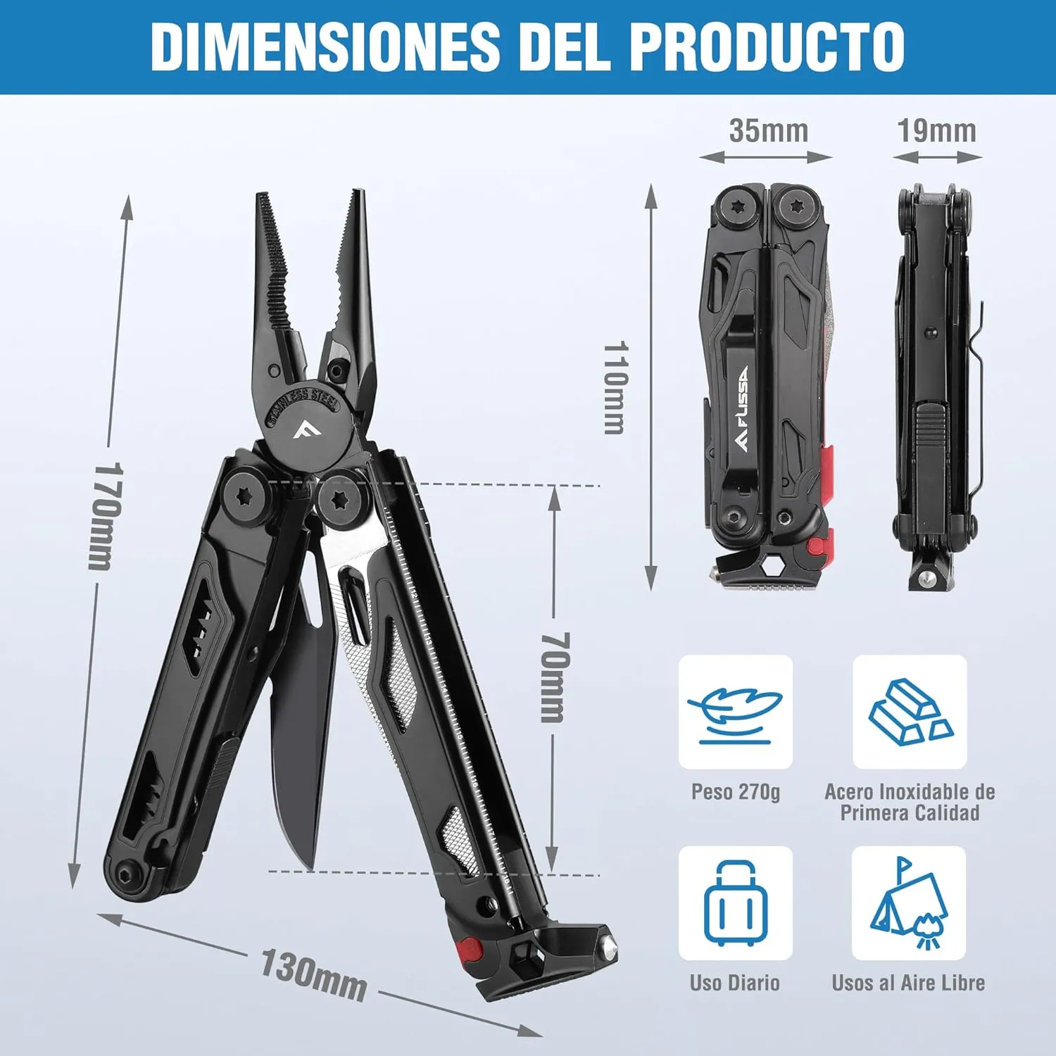 FLISSA Alicates Multiusos  19 en 1 Navaja Multiusos  Multiherramienta de Alicates  Herramienta Multiusos Negro  Accesorios para 