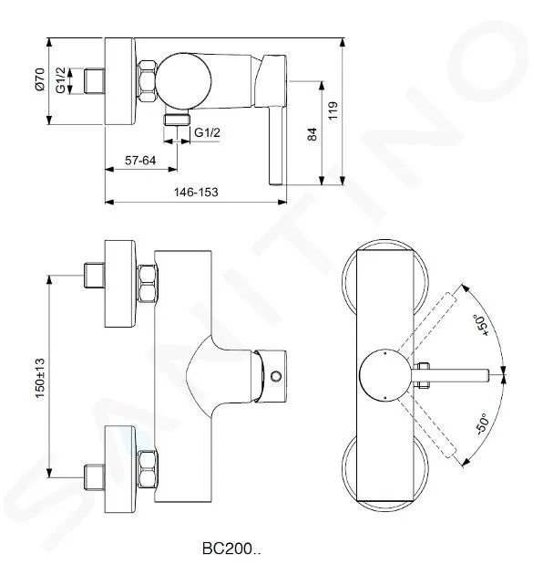 IDEAL STANDARD CERALINE  GRIFO DE DUCHA DE PARED, NEGRO BC200XG