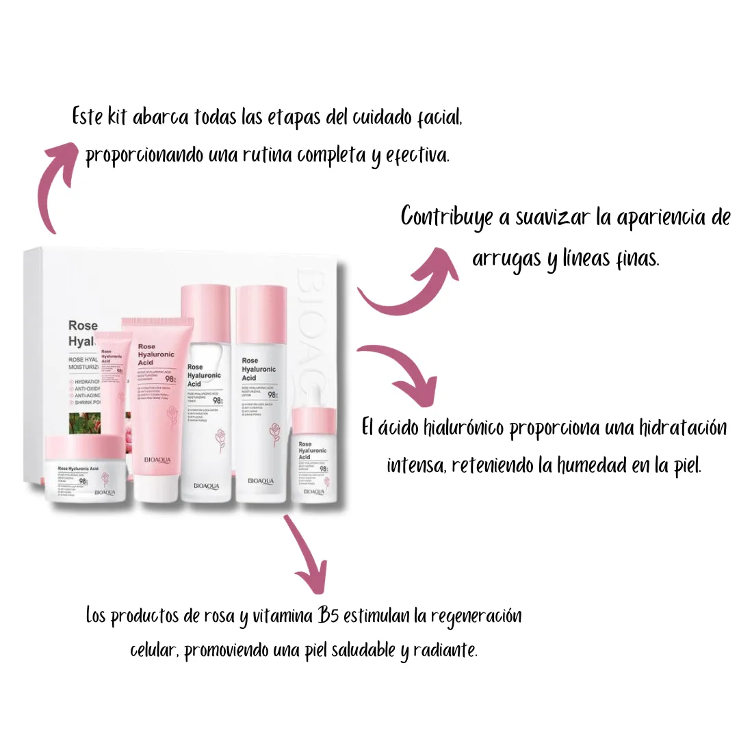 KIT X 5 RUTINA DE ROSAS CON CIDO HIALURóNICO | TRATAMIENTO FACIAL ANTIEDAD  BIOAQUA