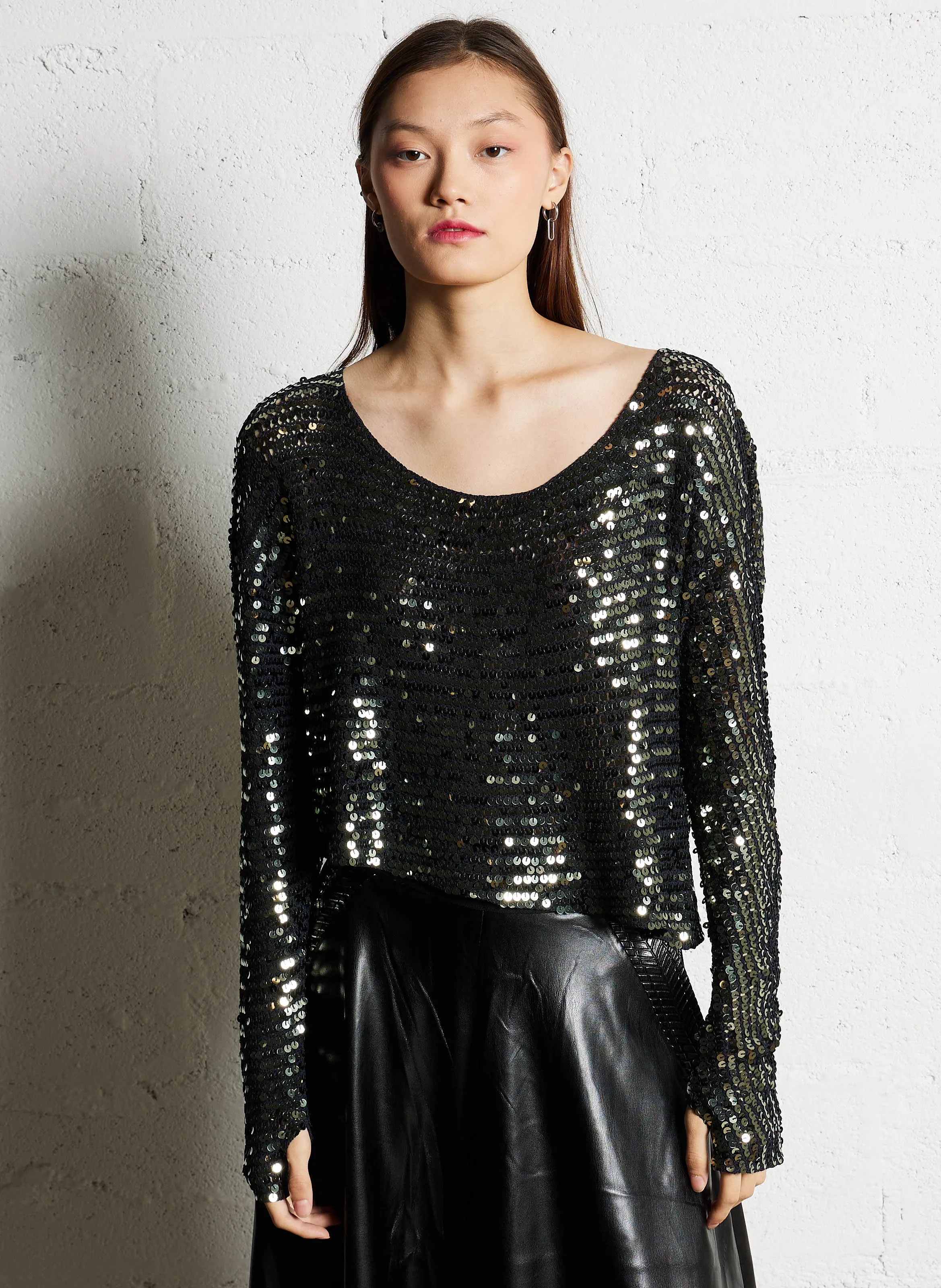 MES DEMOISELLES CASPAR  TOP CUELLO BARCO CON LENTEJUELAS EN GRIS