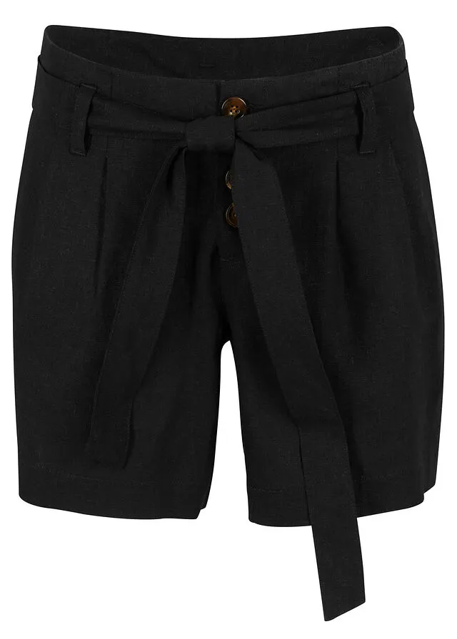 Pantalón corto de lino con botones y cordón Negro