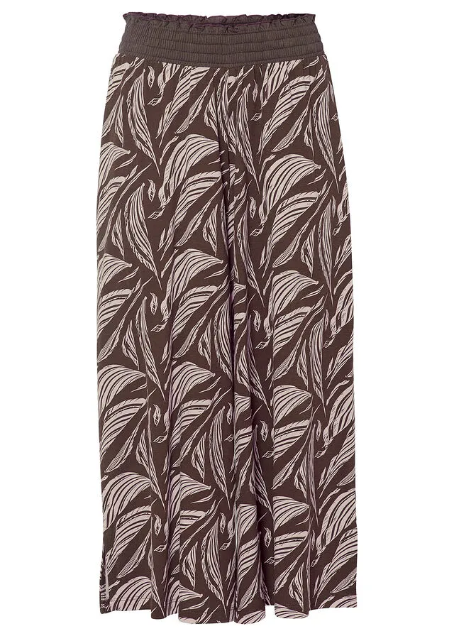 PANTALóN DE PUNTO ANCHO CON NIDO DE ABEJA MARRóN TIERRABEIGE ARENA CON ESTAMPADO