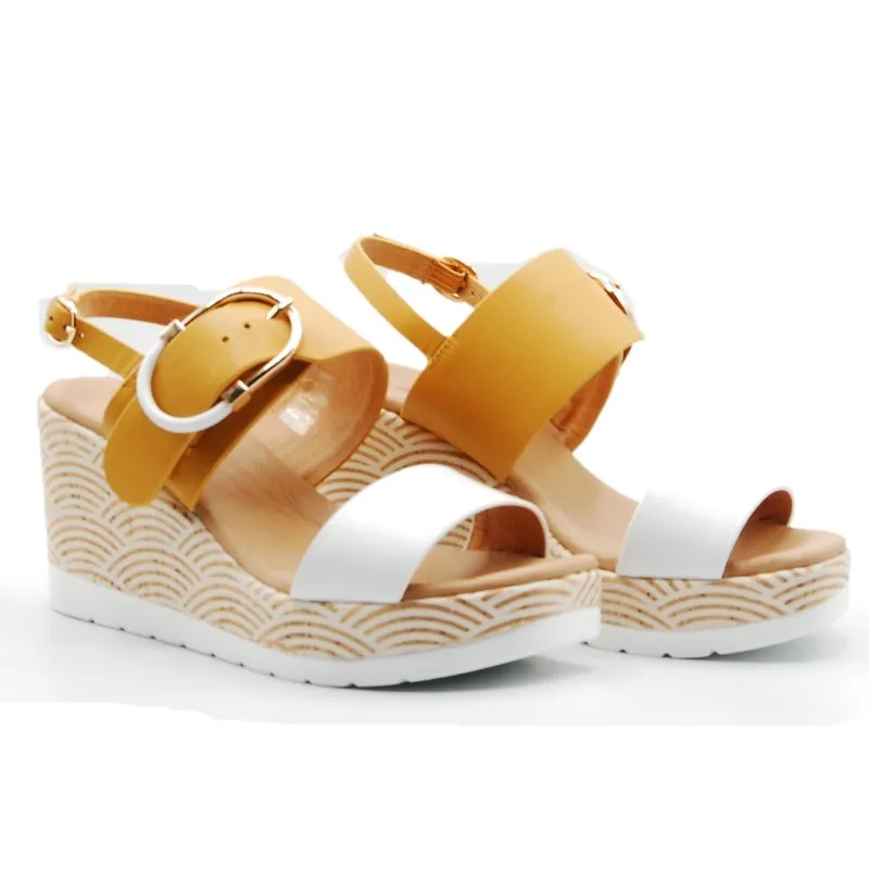 REPO 51261 Blanco y amarillo Sandalia casual cuña alta mujer