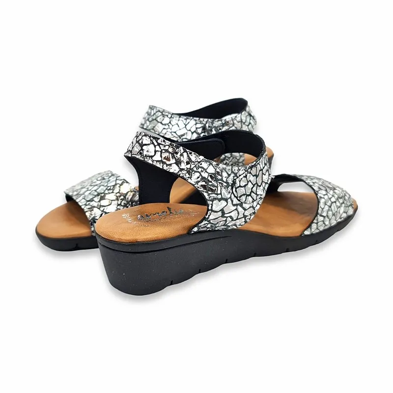 Sandalias Cuña Baja Mujer Piel Plantilla Acolchada Y Cierre De Velcro 286 Negro, de Amelie