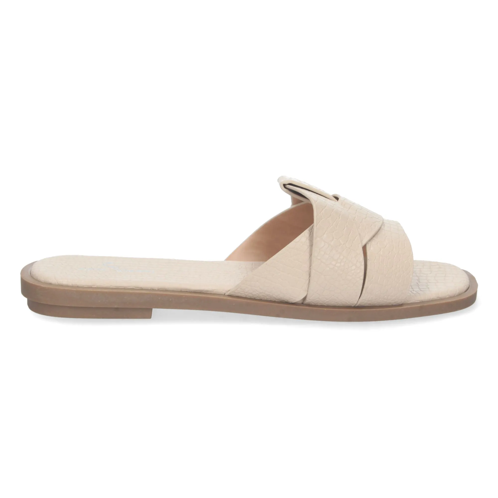 Sandalias planas pala cruzada estampado cocodrilo mujer color beige