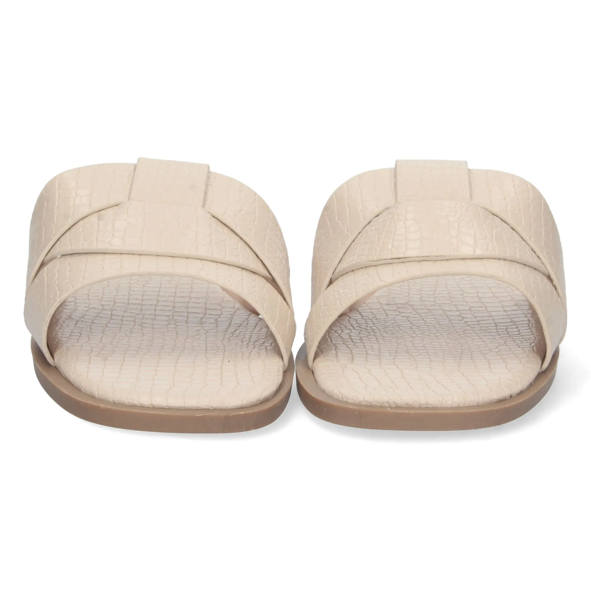 Sandalias planas pala cruzada estampado cocodrilo mujer color beige