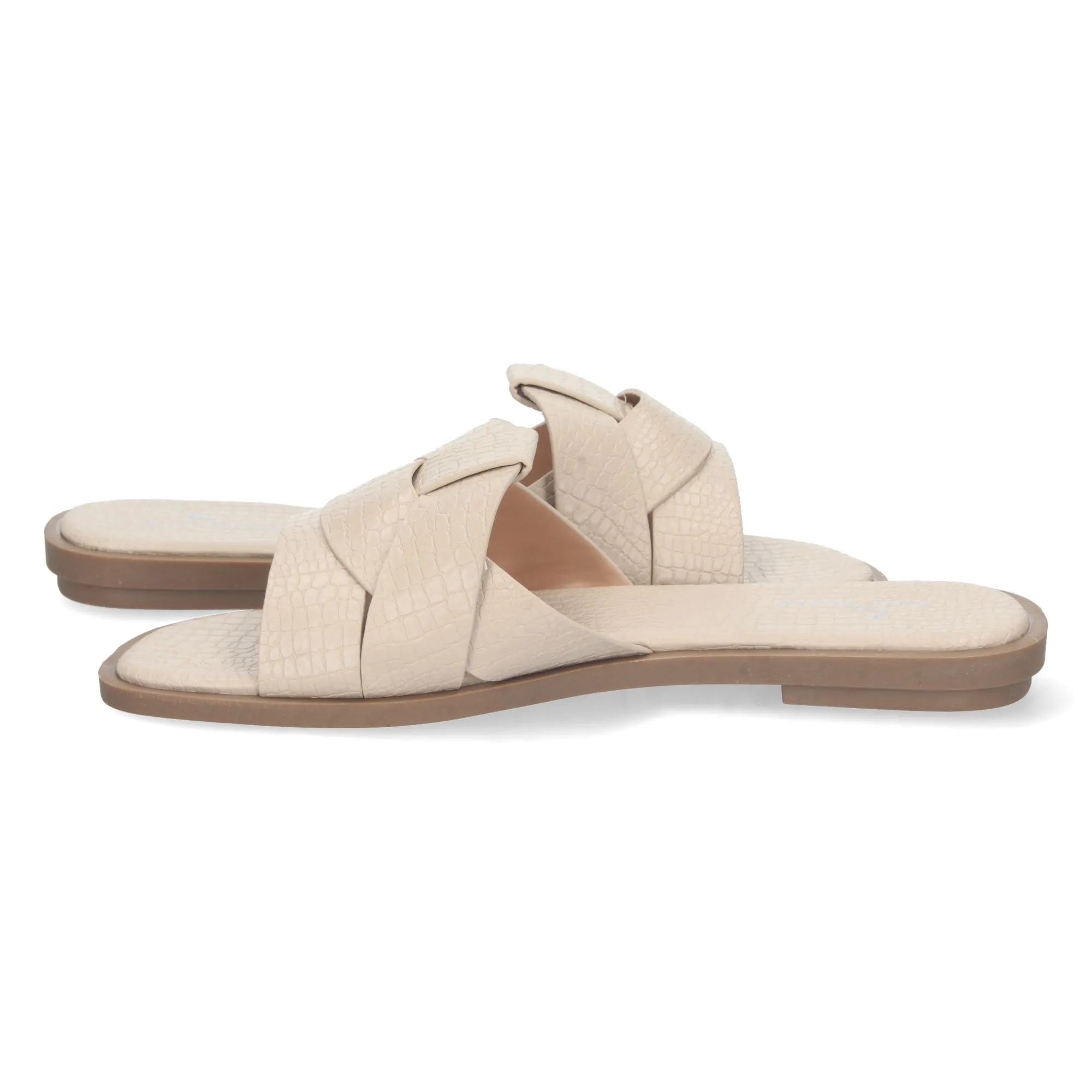 Sandalias planas pala cruzada estampado cocodrilo mujer color beige