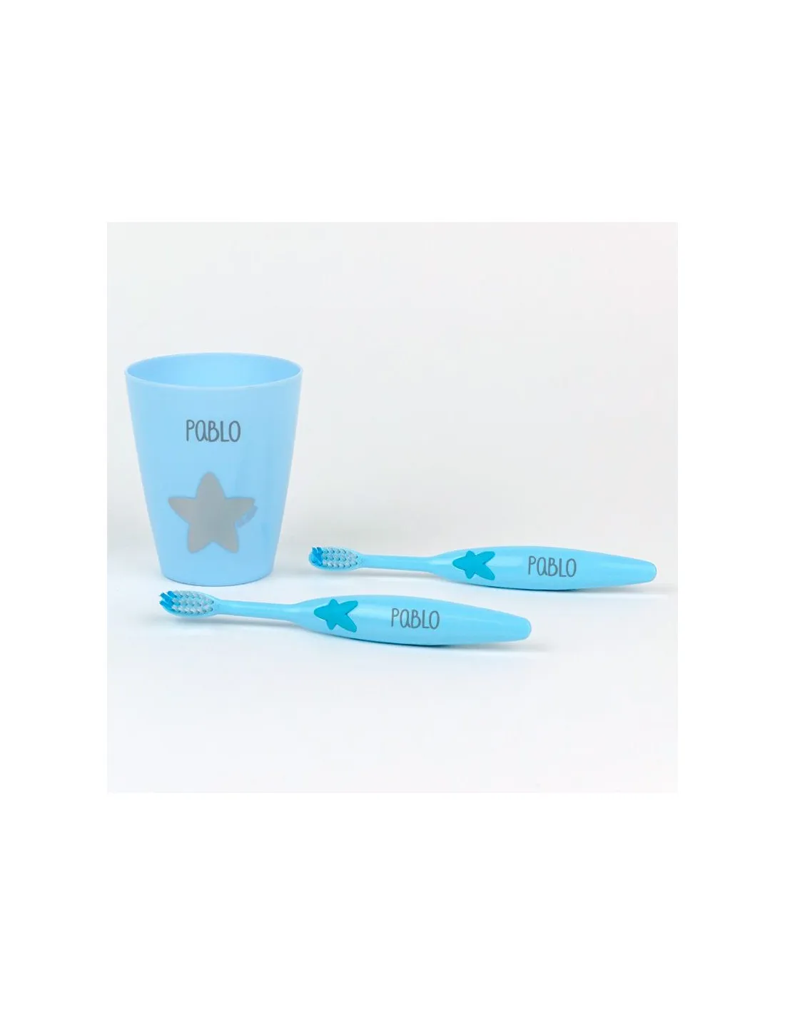 Set de 2 Cepillos dentales + Vasito Azul personalizados de Mi Pipo