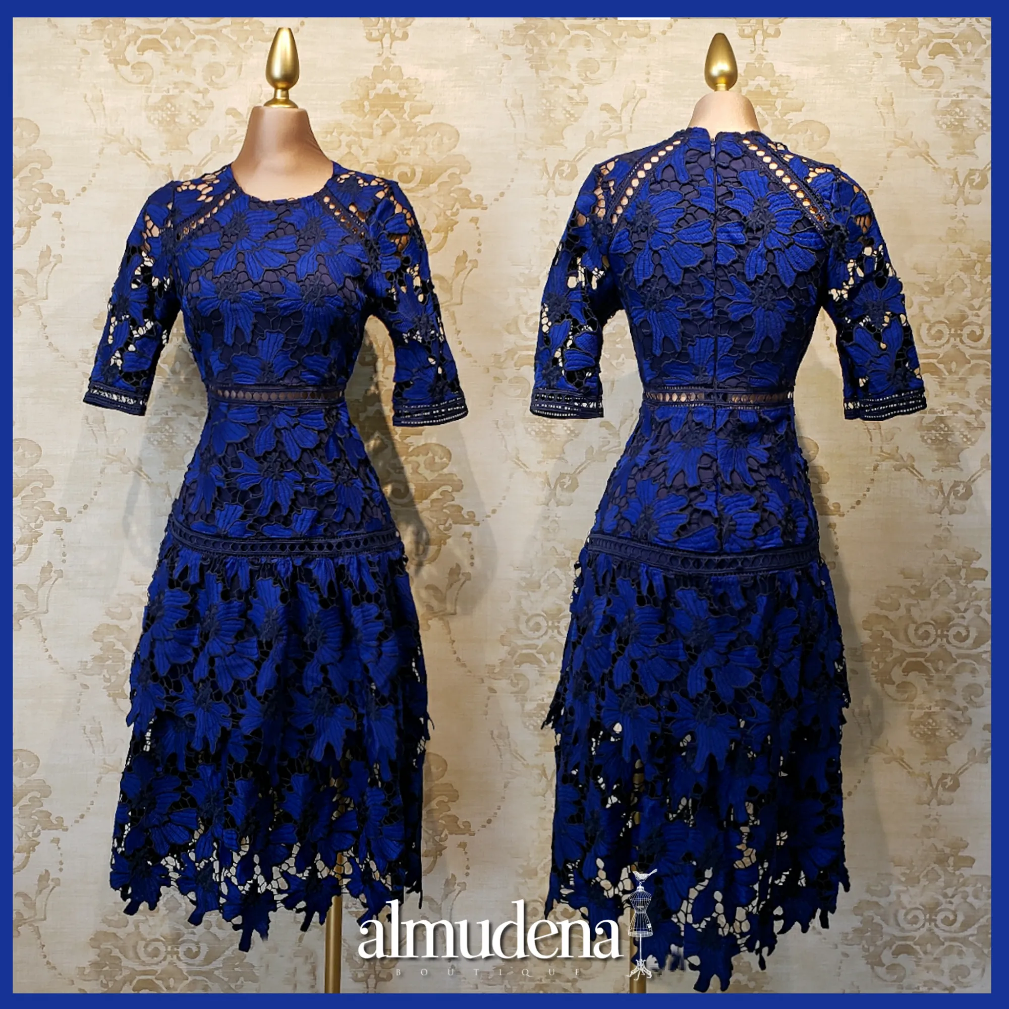 Vestido Azul Rey Corto Encaje con Manga