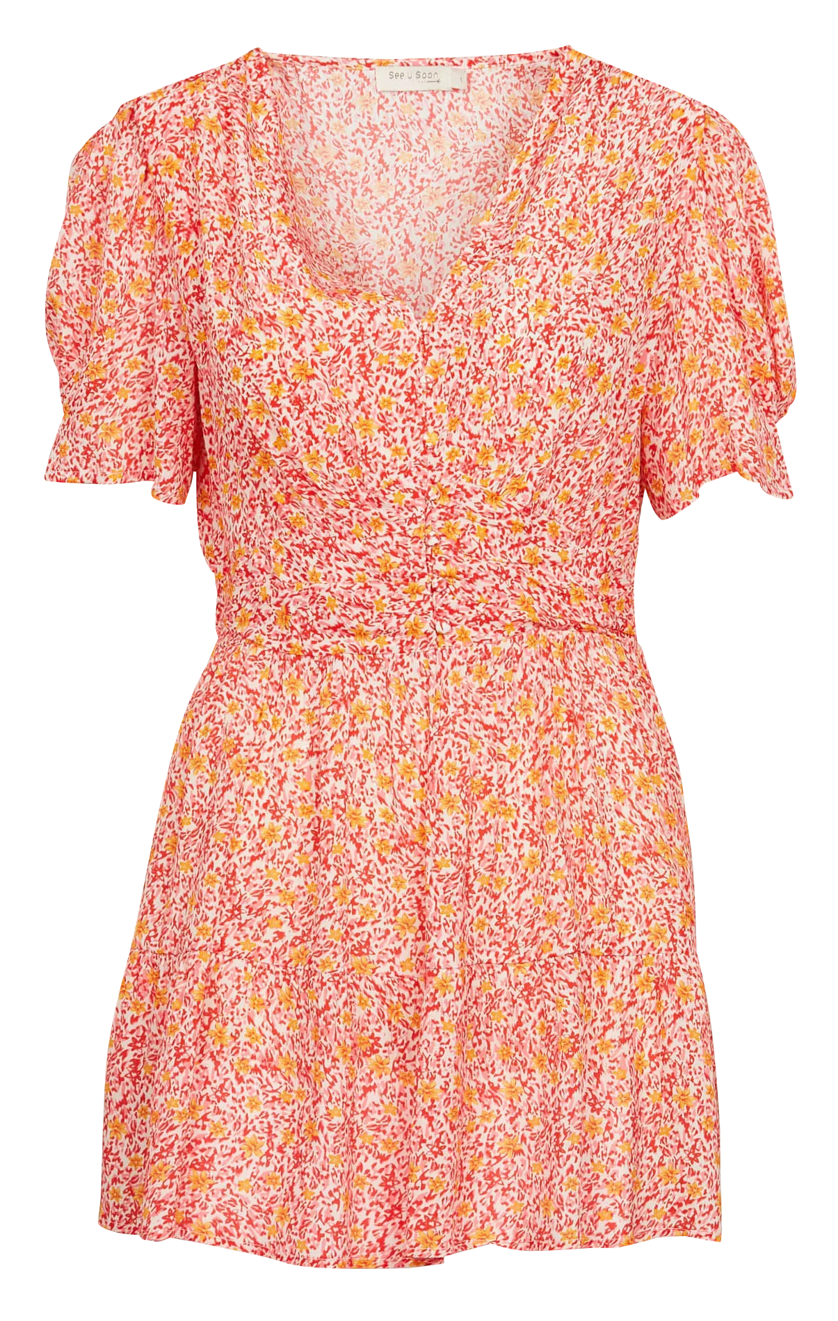 Vestido corto ajustado y acampanado con cuello de pico en rojo
